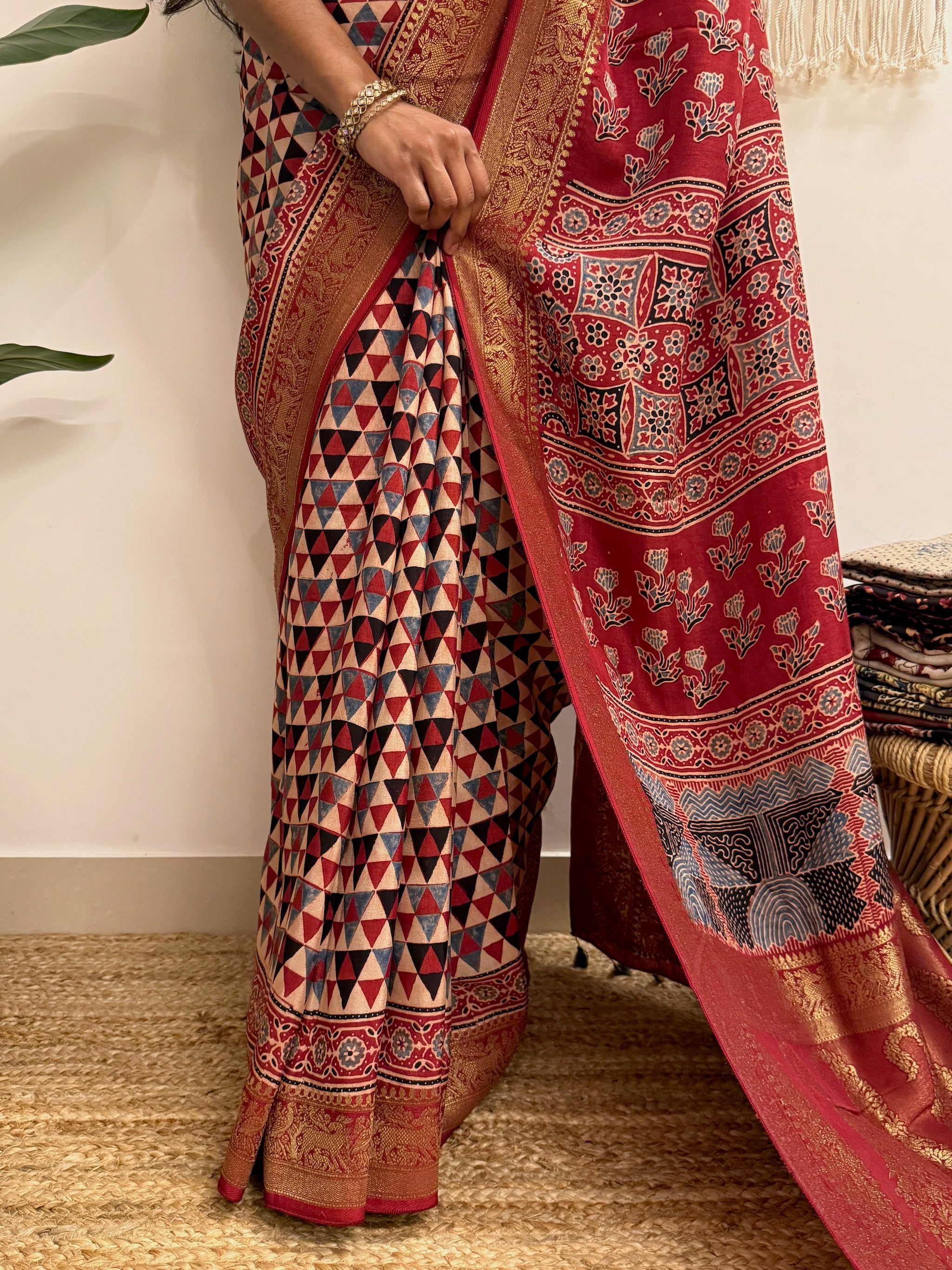 Dilruba: Cream and Red Ajrakh Handblock Printed Dola Silk Saree