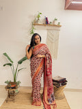Dilruba: Cream and Red Ajrakh Handblock Printed Dola Silk Saree