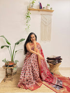 Dilruba: Cream and Red Ajrakh Handblock Printed Dola Silk Saree