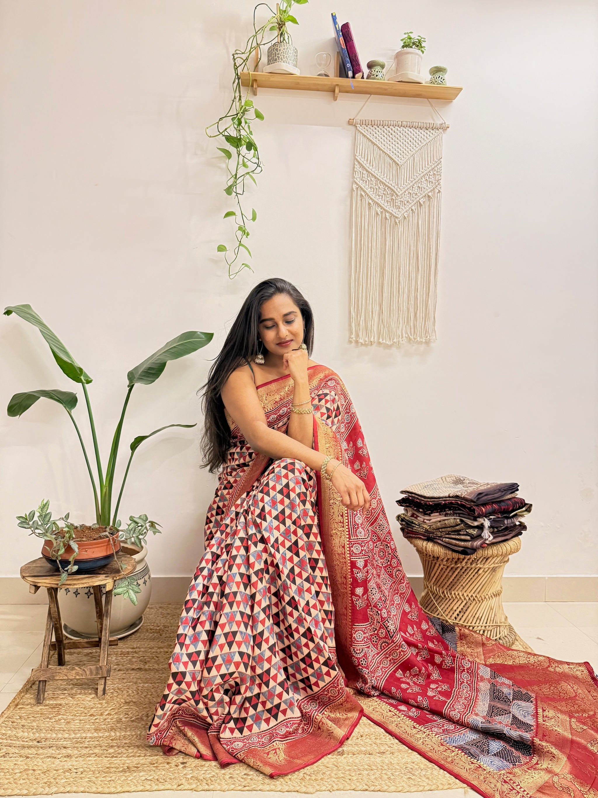 Dilruba: Cream and Red Ajrakh Handblock Printed Dola Silk Saree