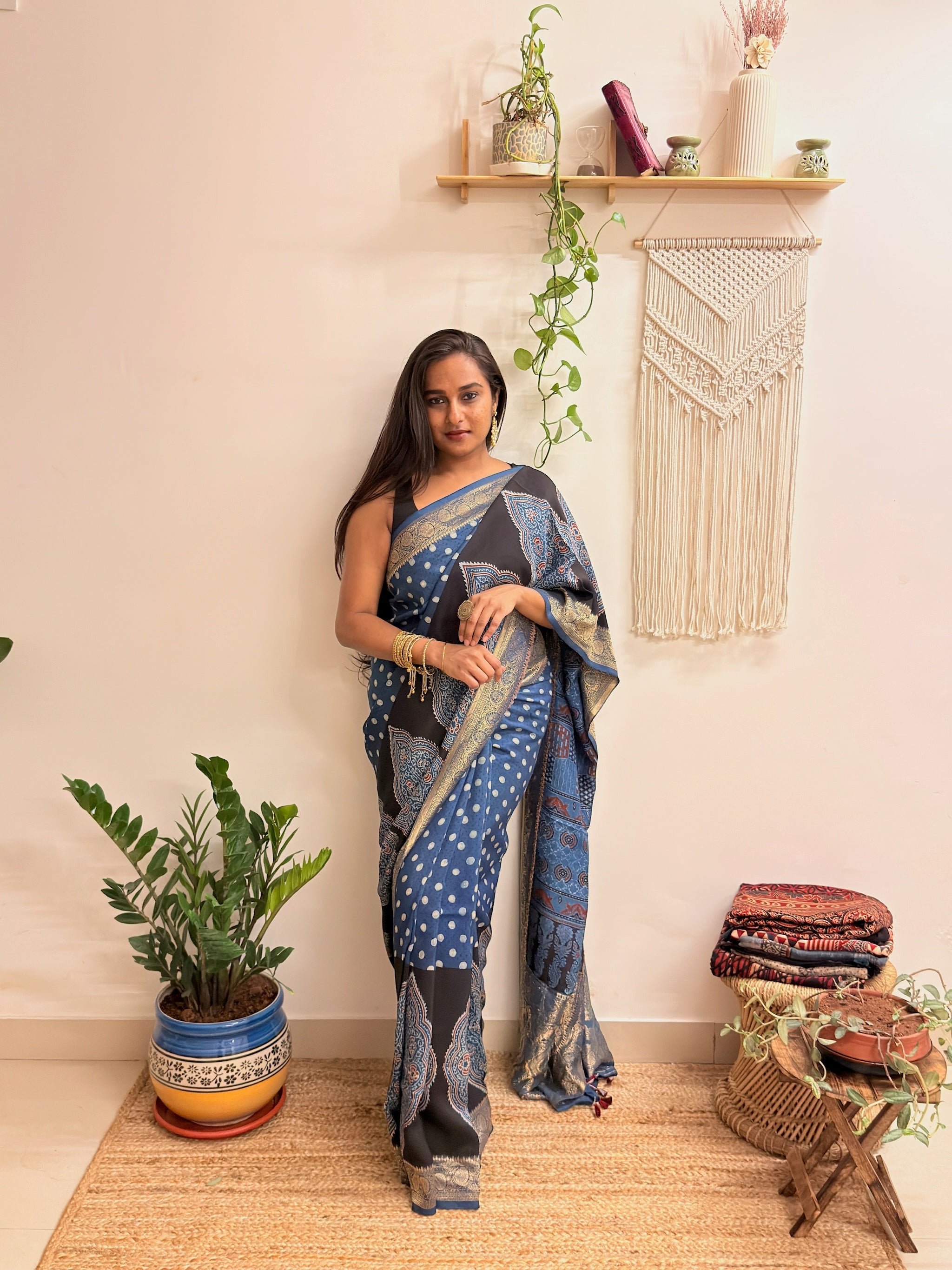 Aasman: Indigo and Black Ajrakh Handblock Printed Dola Silk Saree