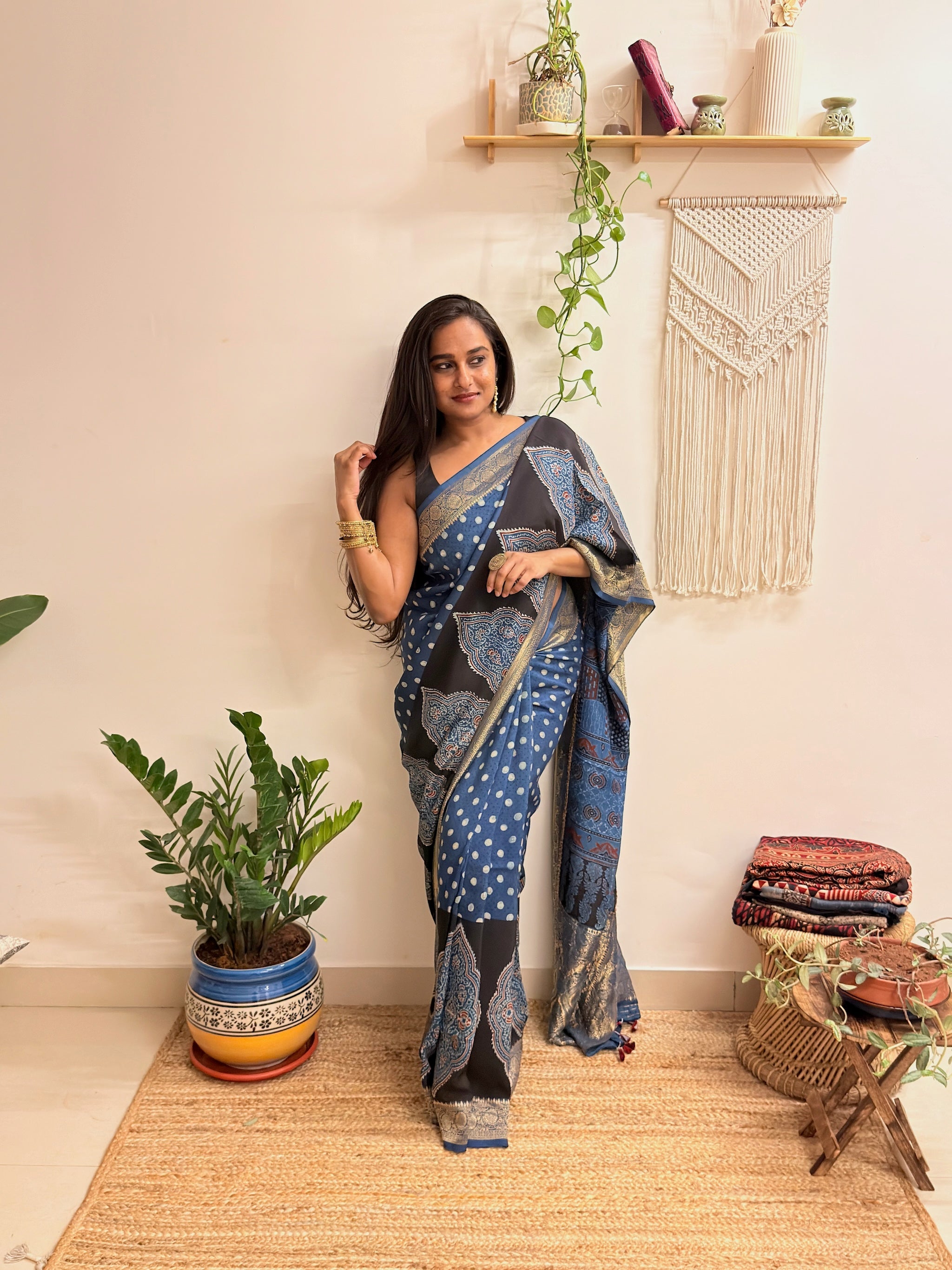 Aasman: Indigo and Black Ajrakh Handblock Printed Dola Silk Saree
