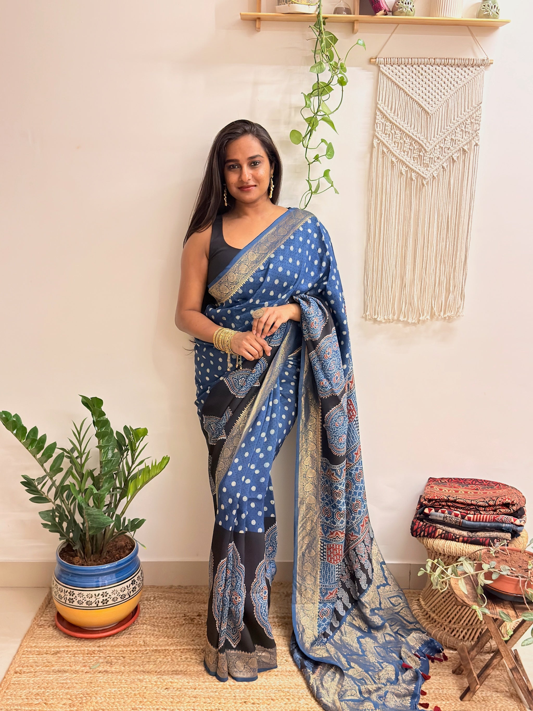 Aasman: Indigo and Black Ajrakh Handblock Printed Dola Silk Saree
