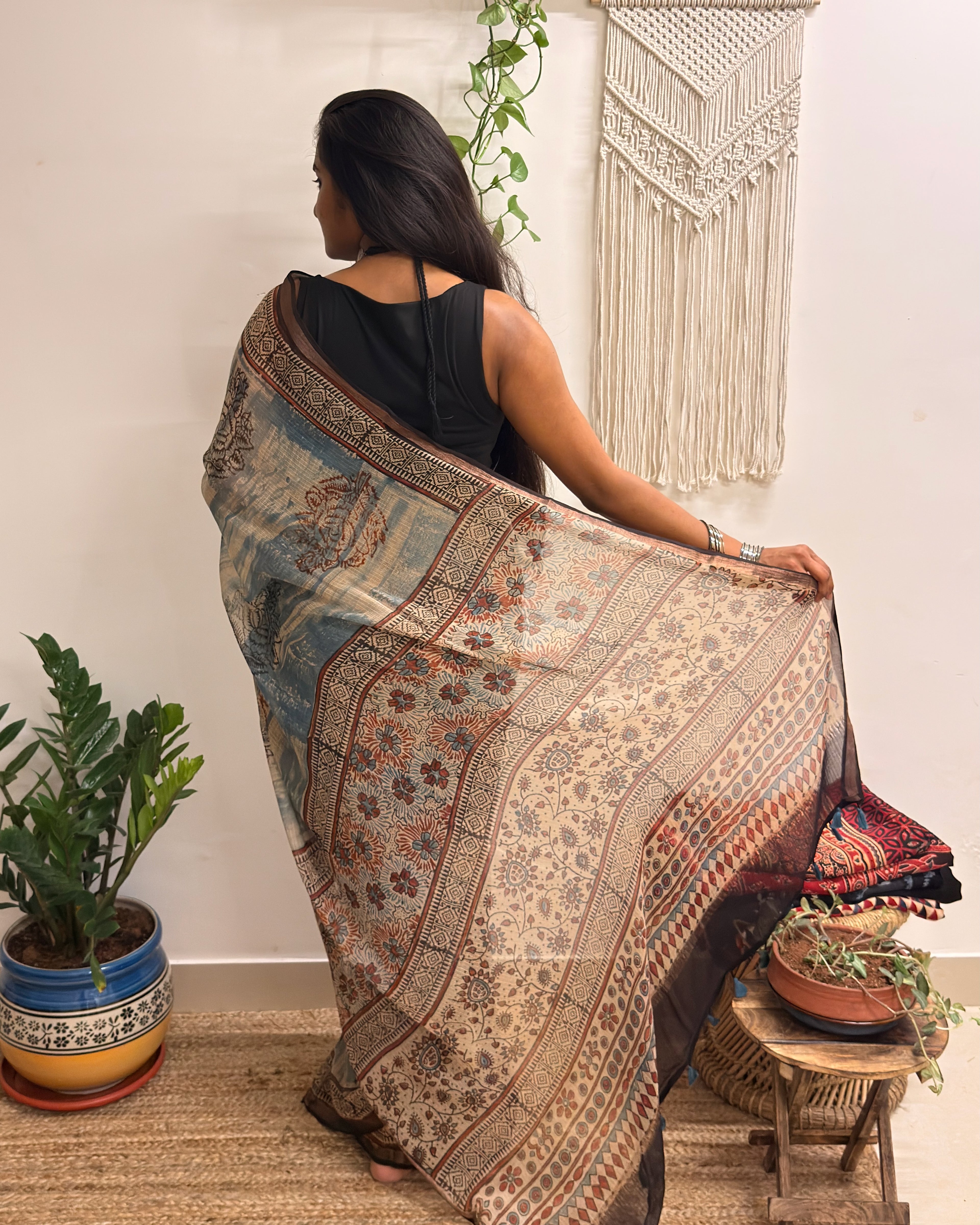 Rimjhim: Dusty Blue/ Beige Ajrakh Handblock Printed Kota Doria Saree
