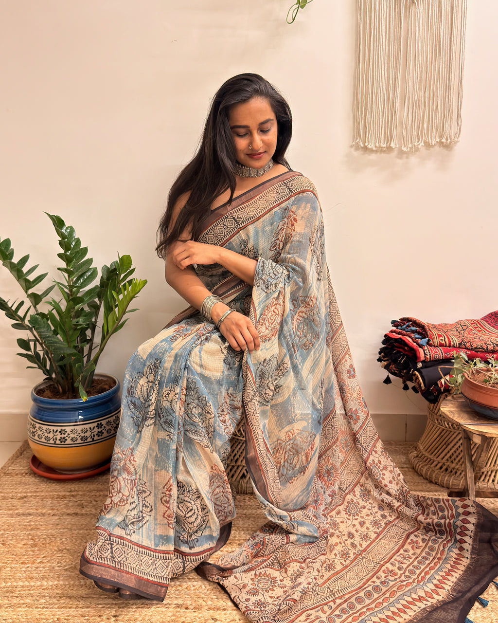 Rimjhim: Dusty Blue/ Beige Ajrakh Handblock Printed Kota Doria Saree
