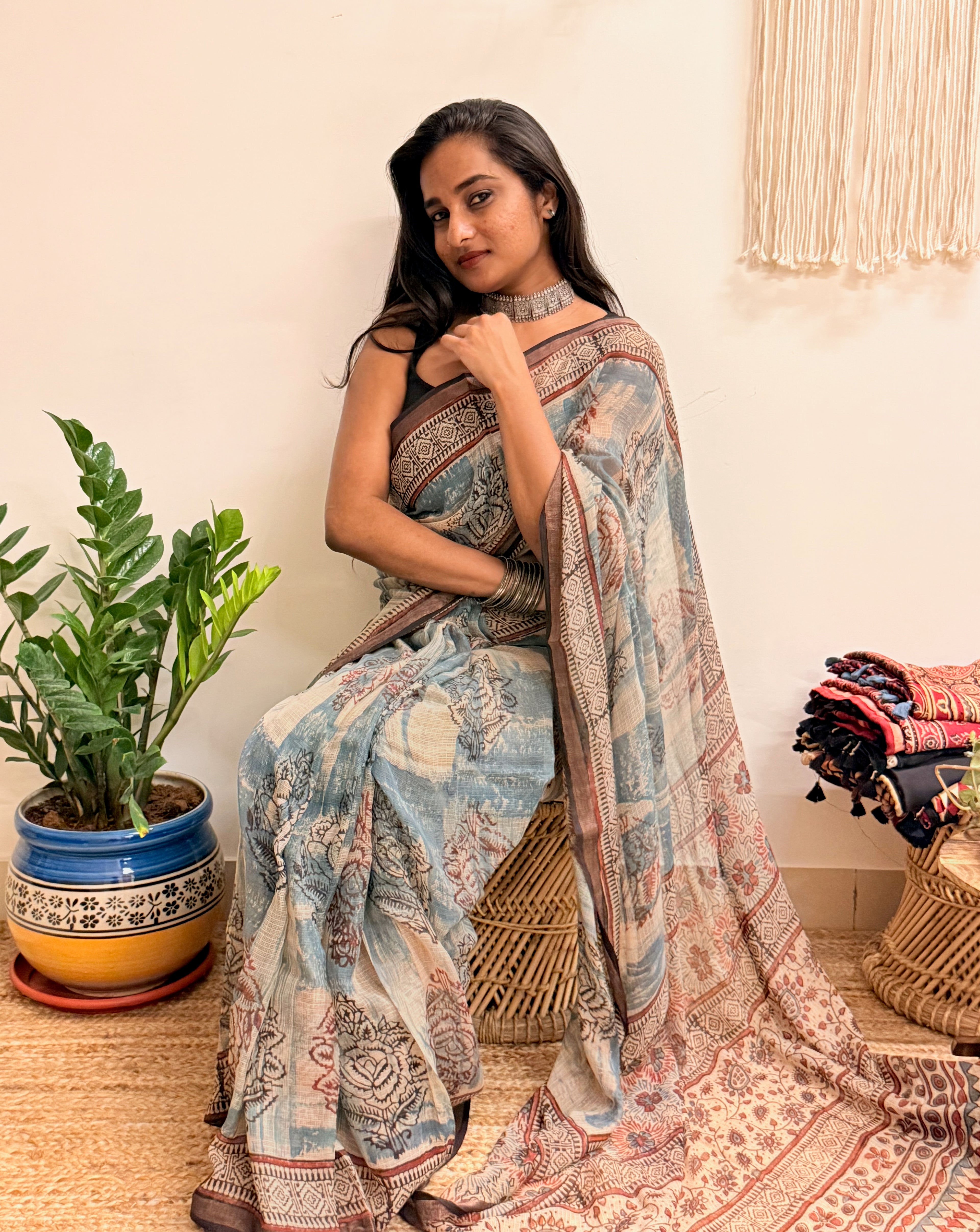 Rimjhim: Dusty Blue/ Beige Ajrakh Handblock Printed Kota Doria Saree