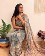 Rimjhim: Dusty Blue/ Beige Ajrakh Handblock Printed Kota Doria Saree