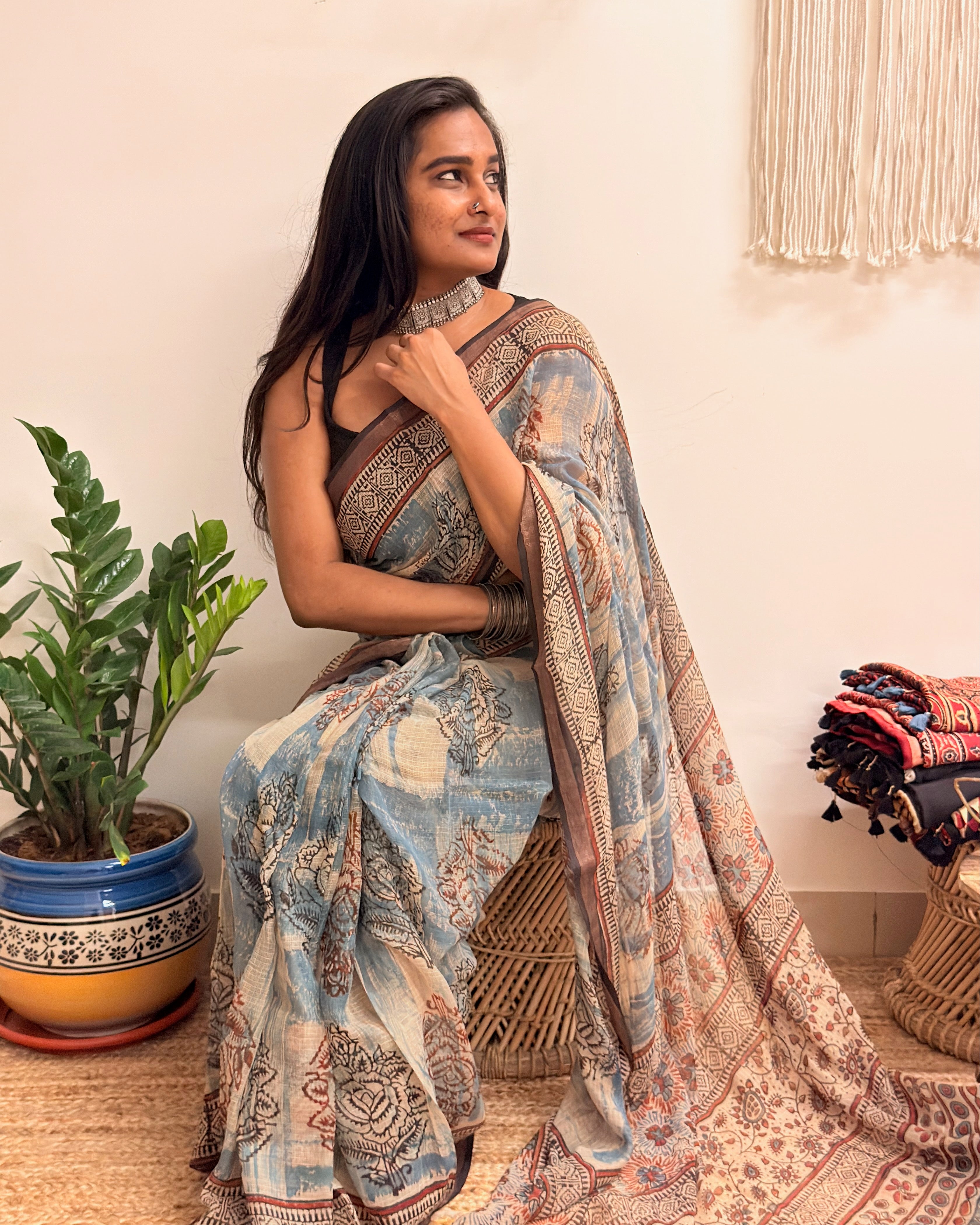 Rimjhim: Dusty Blue/ Beige Ajrakh Handblock Printed Kota Doria Saree