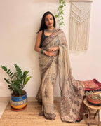 Sarsarahat: Beige Ajrakh Handblock Printed Kota Doria Saree