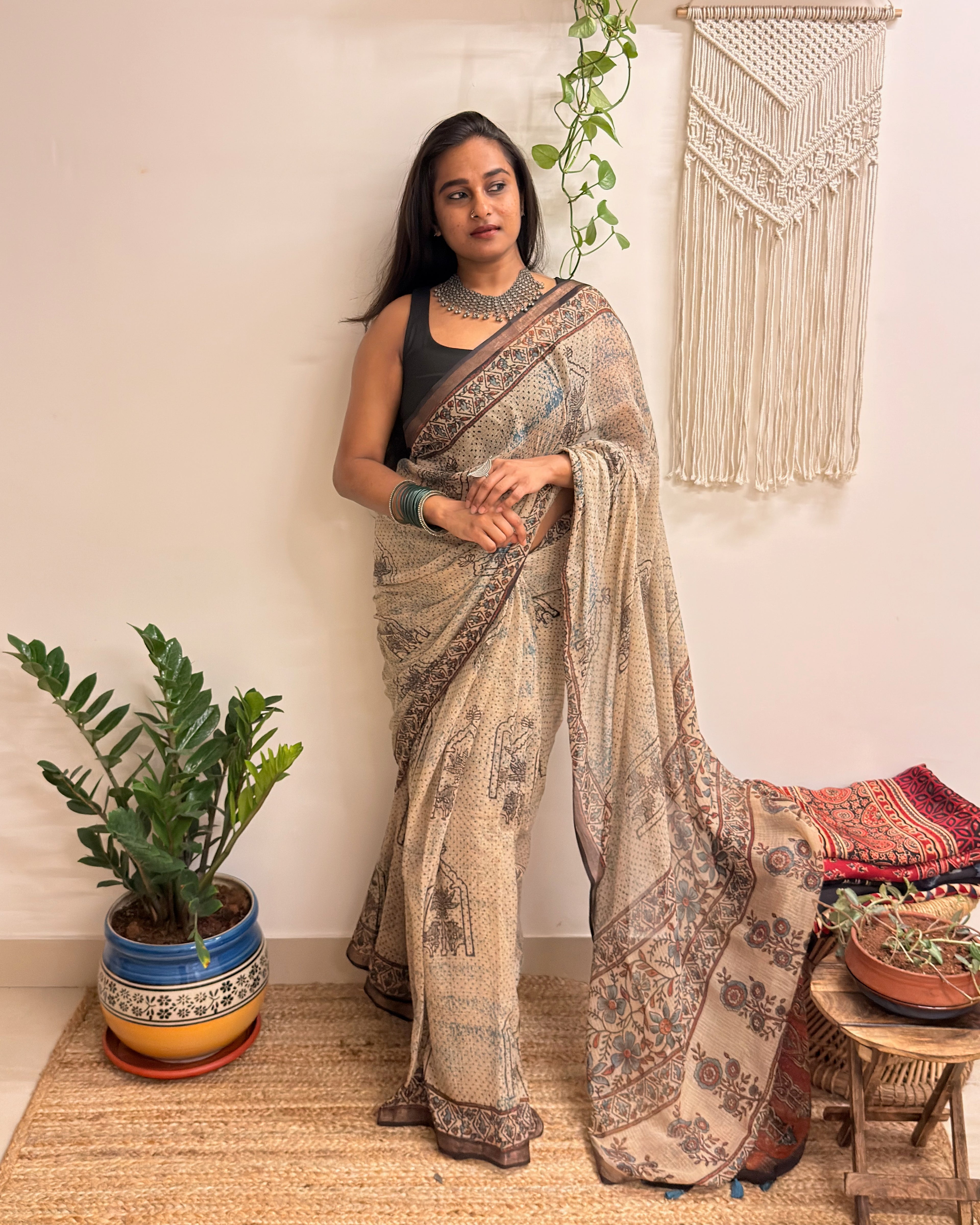Sarsarahat: Beige Ajrakh Handblock Printed Kota Doria Saree