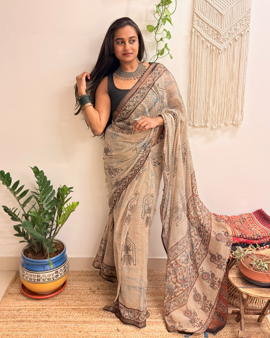 Sarsarahat: Beige Ajrakh Handblock Printed Kota Doria Saree