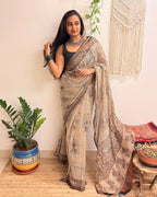 Sarsarahat: Beige Ajrakh Handblock Printed Kota Doria Saree