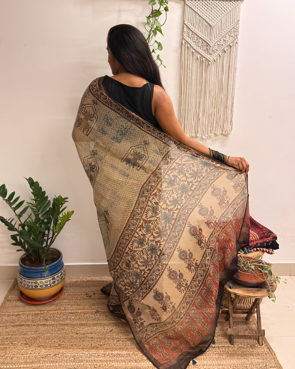 Sarsarahat: Beige Ajrakh Handblock Printed Kota Doria Saree