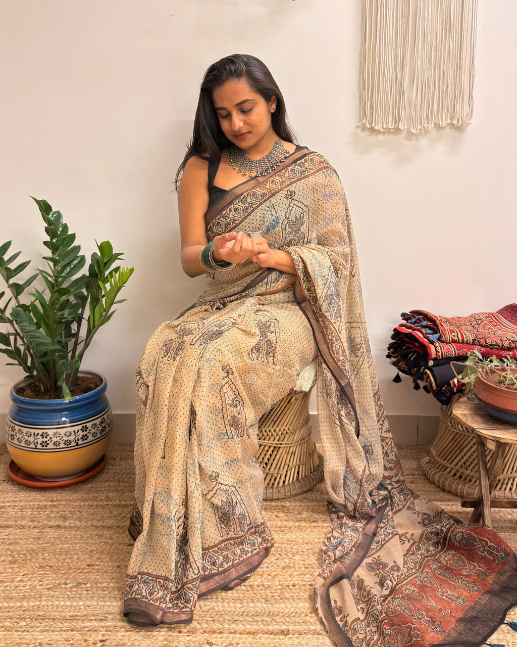 Sarsarahat: Beige Ajrakh Handblock Printed Kota Doria Saree
