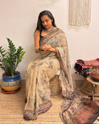 Sarsarahat: Beige Ajrakh Handblock Printed Kota Doria Saree