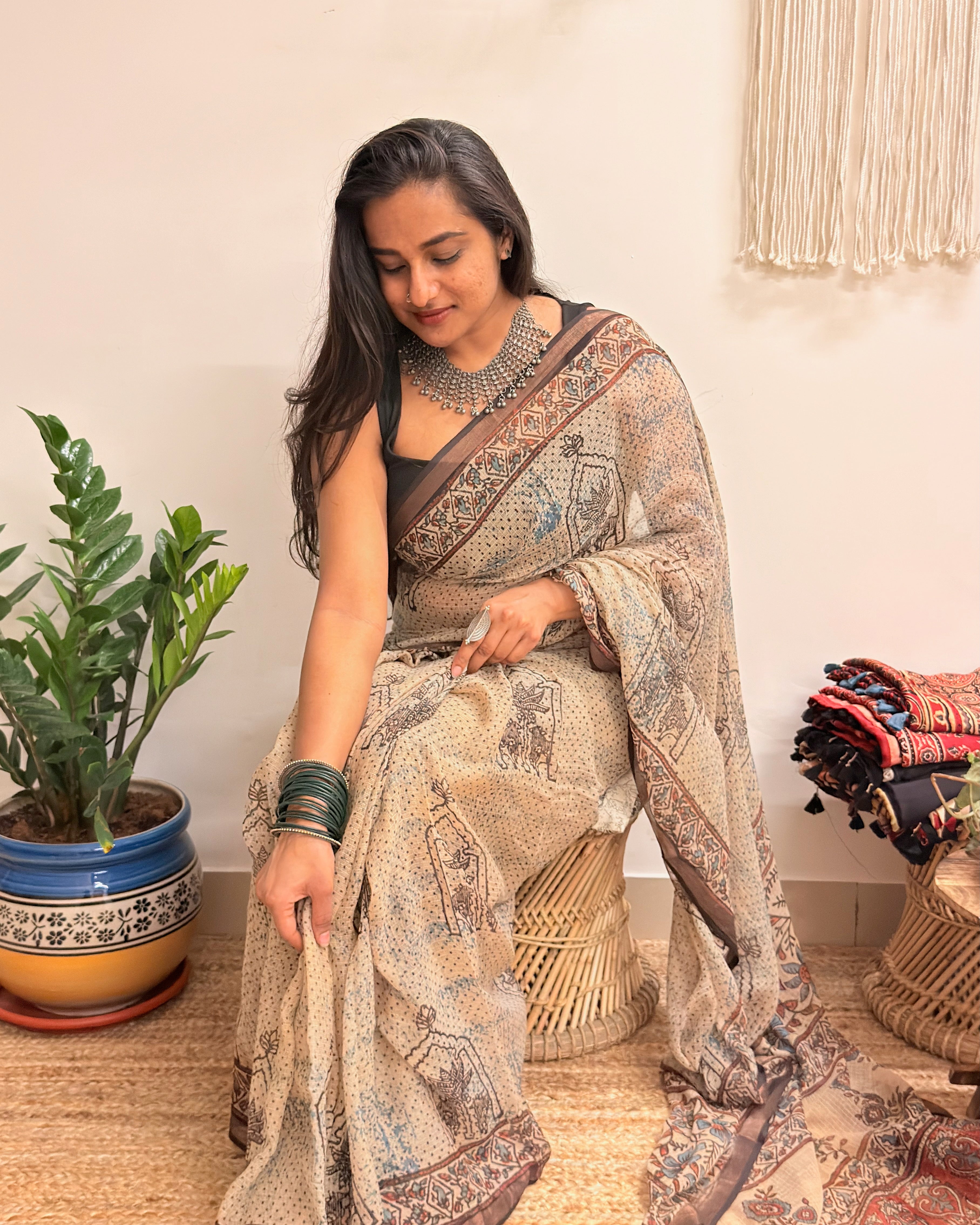 Sarsarahat: Beige Ajrakh Handblock Printed Kota Doria Saree