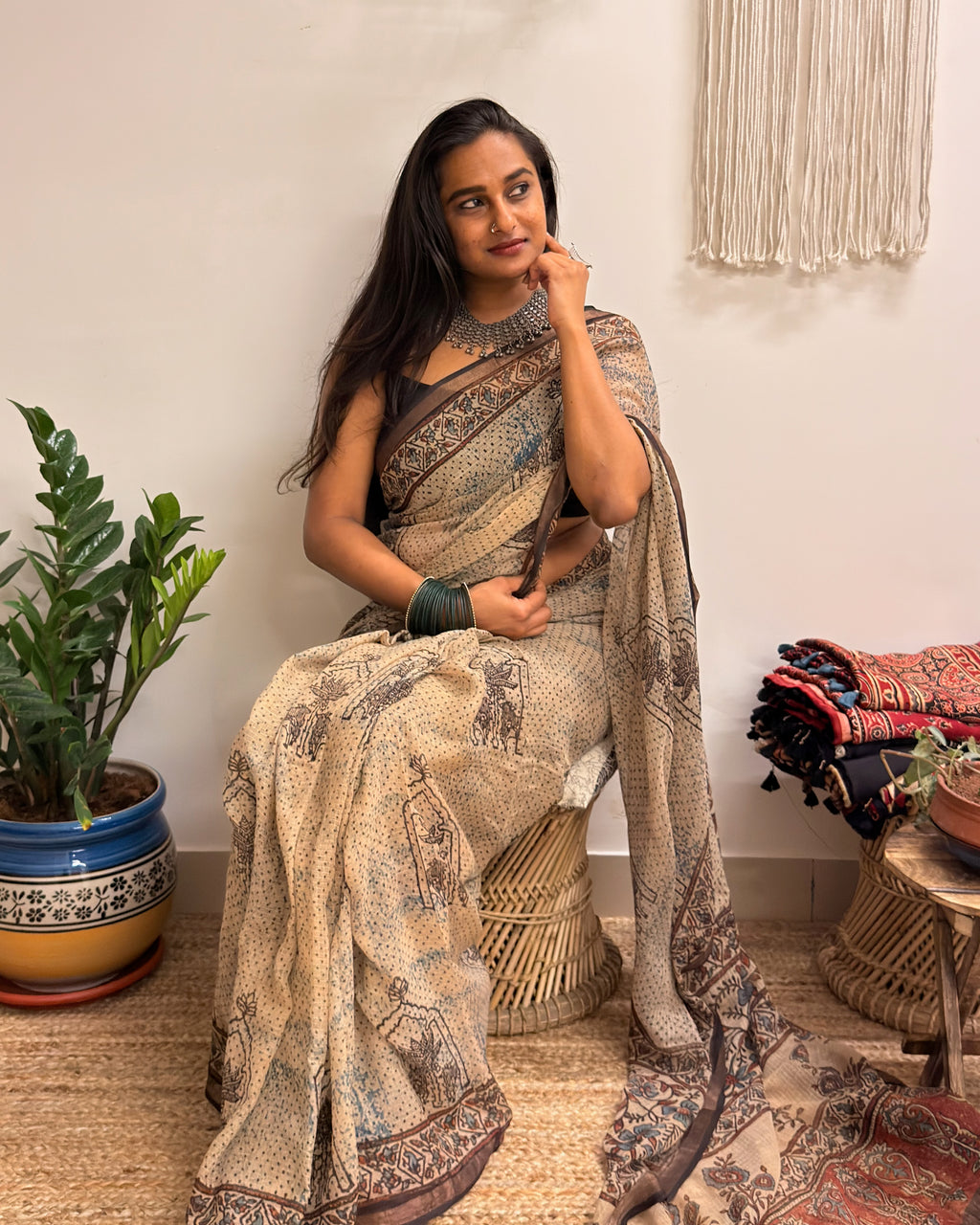 Sarsarahat: Beige Ajrakh Handblock Printed Kota Doria Saree