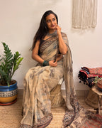 Sarsarahat: Beige Ajrakh Handblock Printed Kota Doria Saree