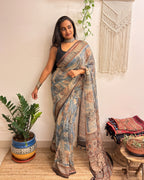 Rimjhim: Dusty Blue/ Beige Ajrakh Handblock Printed Kota Doria Saree