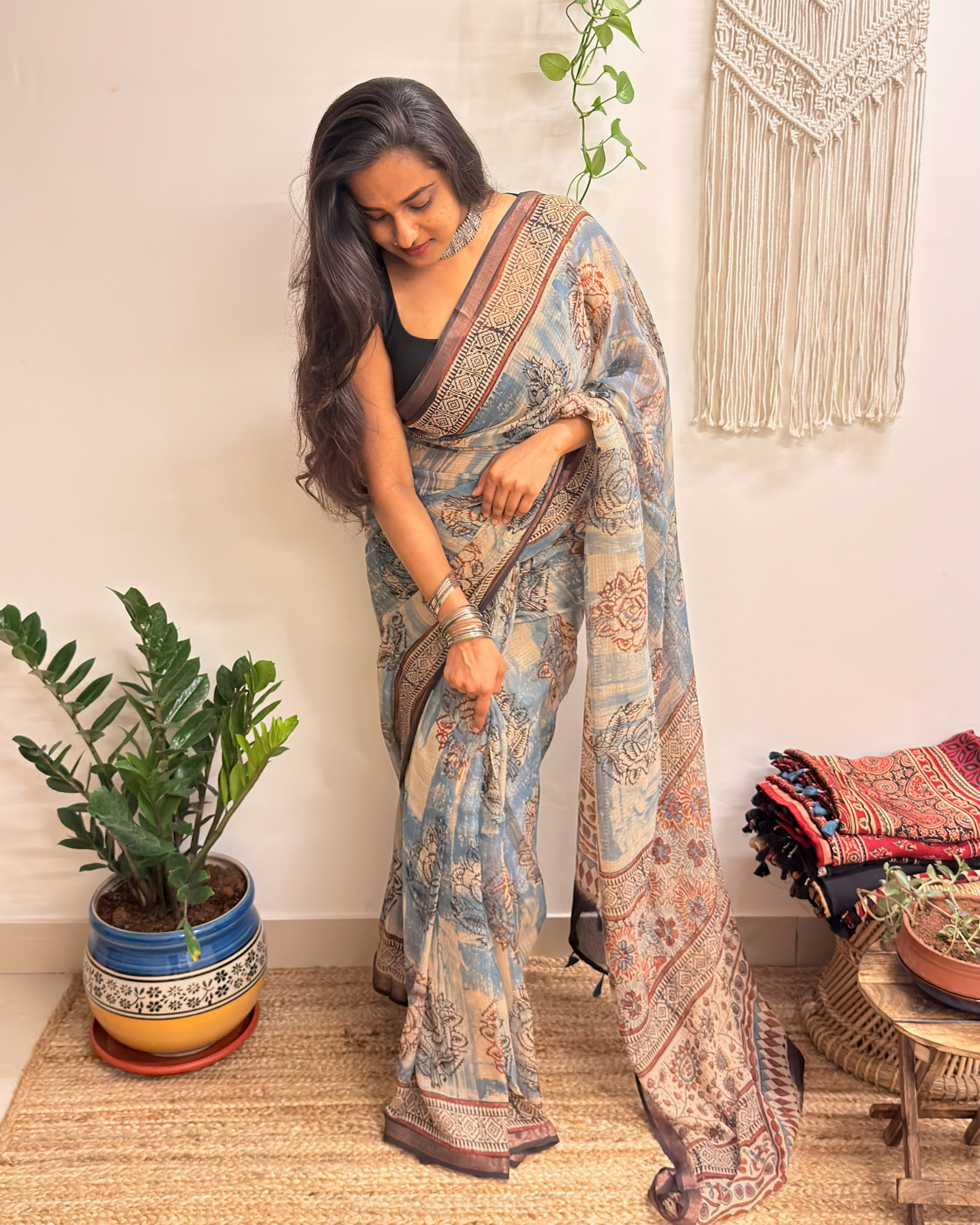 Rimjhim: Dusty Blue/ Beige Ajrakh Handblock Printed Kota Doria Saree