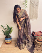 Gehrayee: Deep Brown Ajrakh Handblock Printed Linen Saree with Zari Border