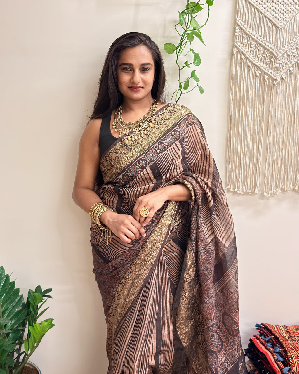 Gehrayee: Deep Brown Ajrakh Handblock Printed Linen Saree with Zari Border