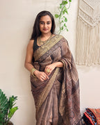 Gehrayee: Deep Brown Ajrakh Handblock Printed Linen Saree with Zari Border