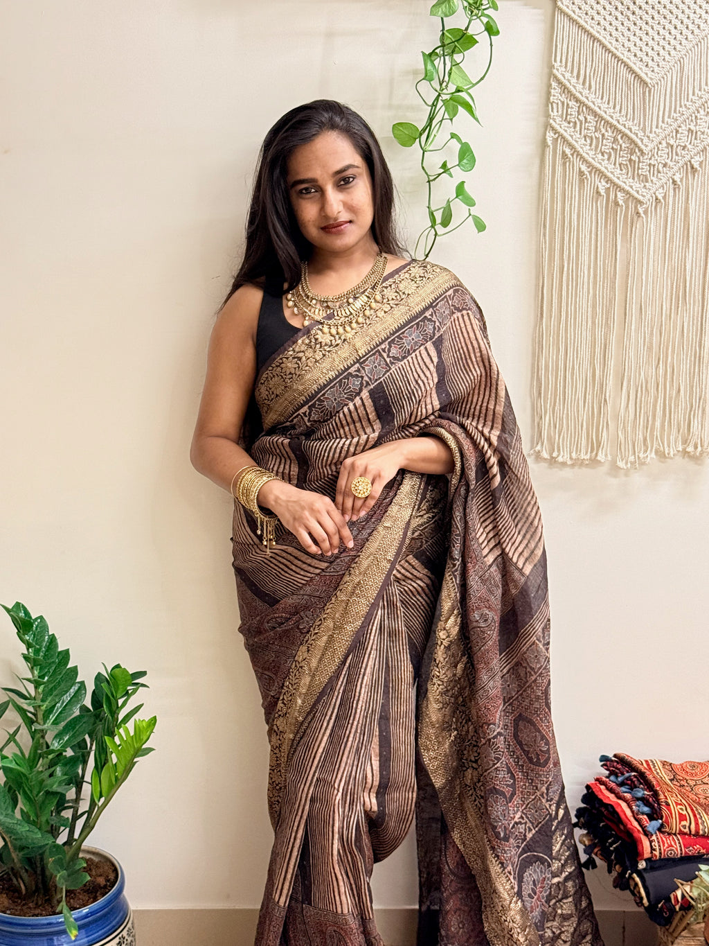 Gehrayee: Deep Brown Ajrakh Handblock Printed Linen Saree with Zari Border
