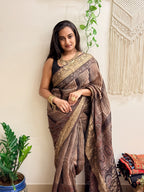 Gehrayee: Deep Brown Ajrakh Handblock Printed Linen Saree with Zari Border