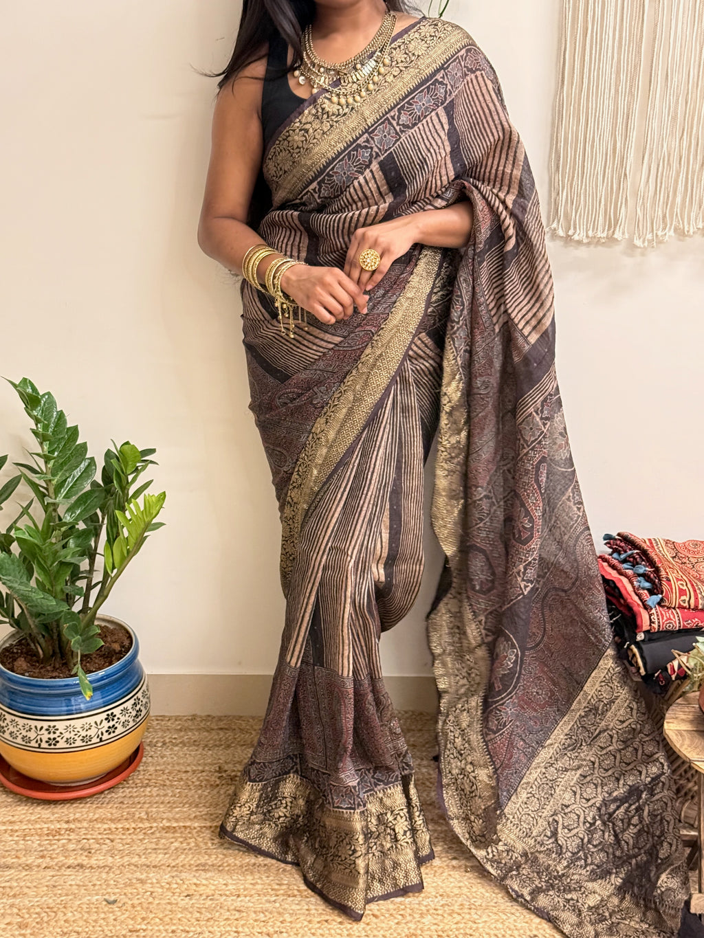 Gehrayee: Deep Brown Ajrakh Handblock Printed Linen Saree with Zari Border