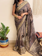 Gehrayee: Deep Brown Ajrakh Handblock Printed Linen Saree with Zari Border