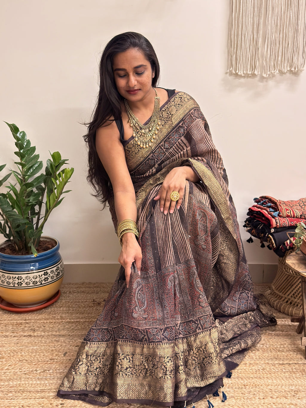 Gehrayee: Deep Brown Ajrakh Handblock Printed Linen Saree with Zari Border