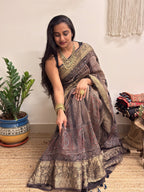 Gehrayee: Deep Brown Ajrakh Handblock Printed Linen Saree with Zari Border