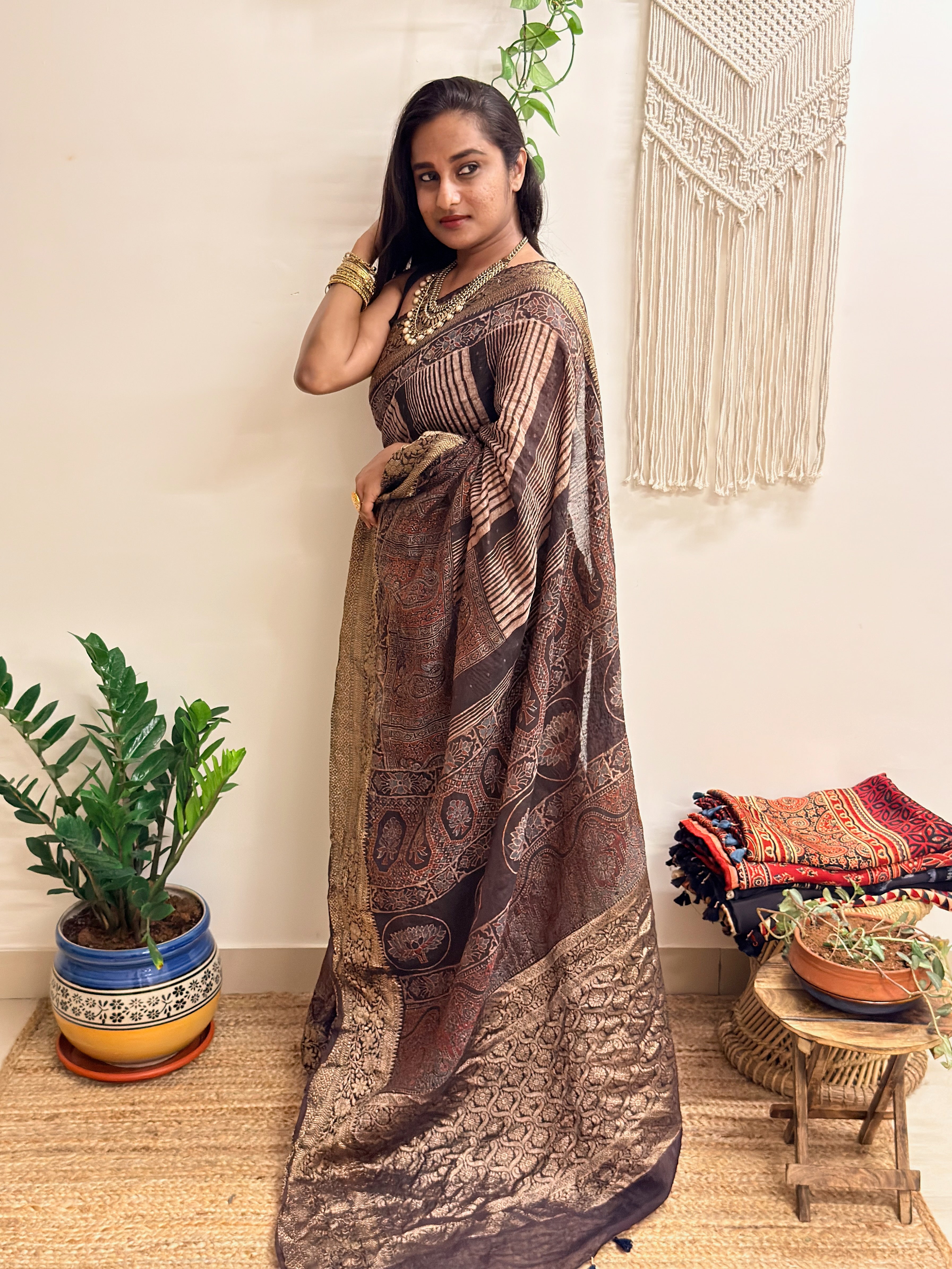 Gehrayee: Deep Brown Ajrakh Handblock Printed Linen Saree with Zari Border