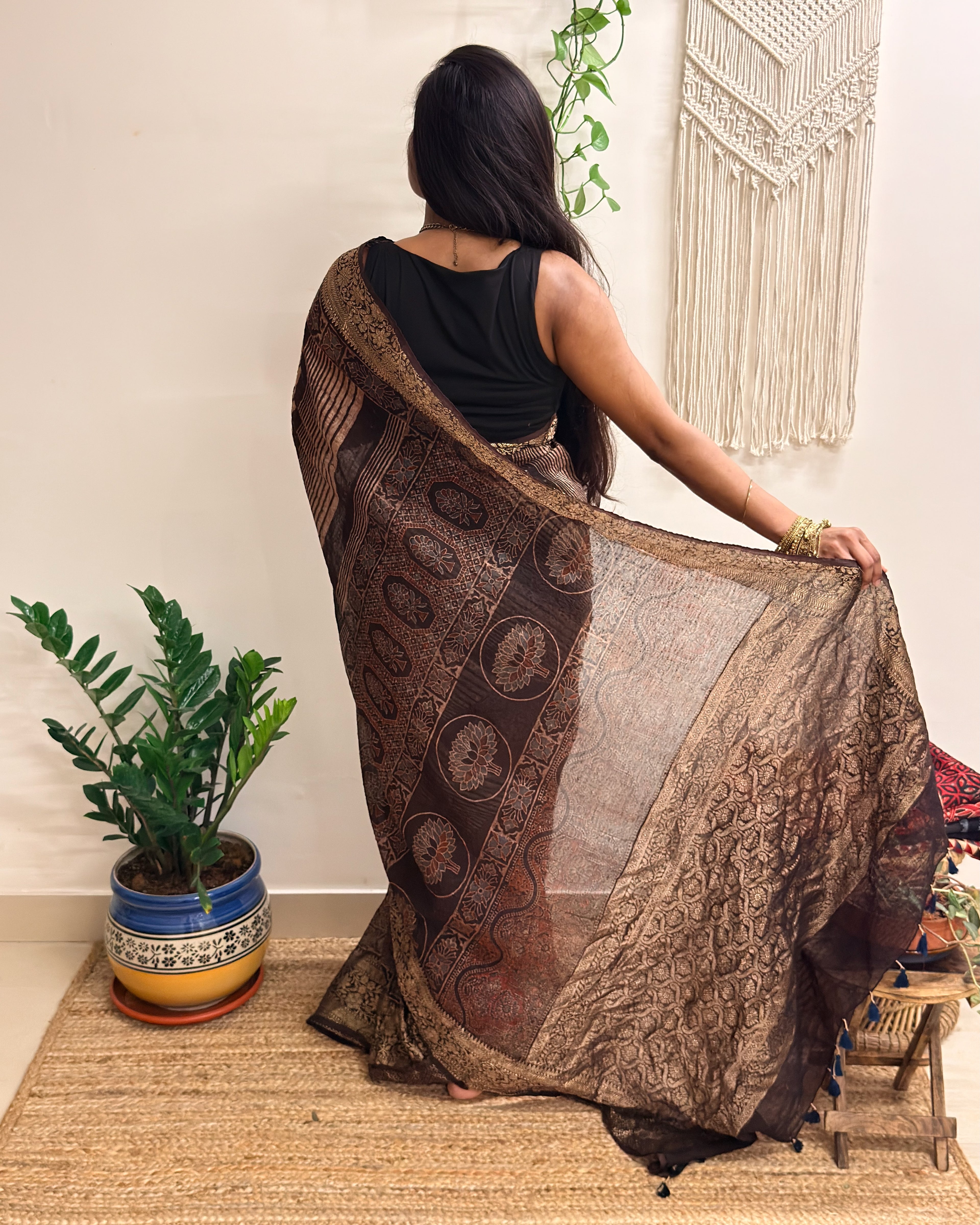 Gehrayee: Deep Brown Ajrakh Handblock Printed Linen Saree with Zari Border