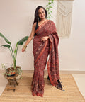 Autumn: Brick Red Ajrakh Handblock Printed Maheshwari Saree with Zari Border