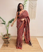 Autumn: Brick Red Ajrakh Handblock Printed Maheshwari Saree with Zari Border