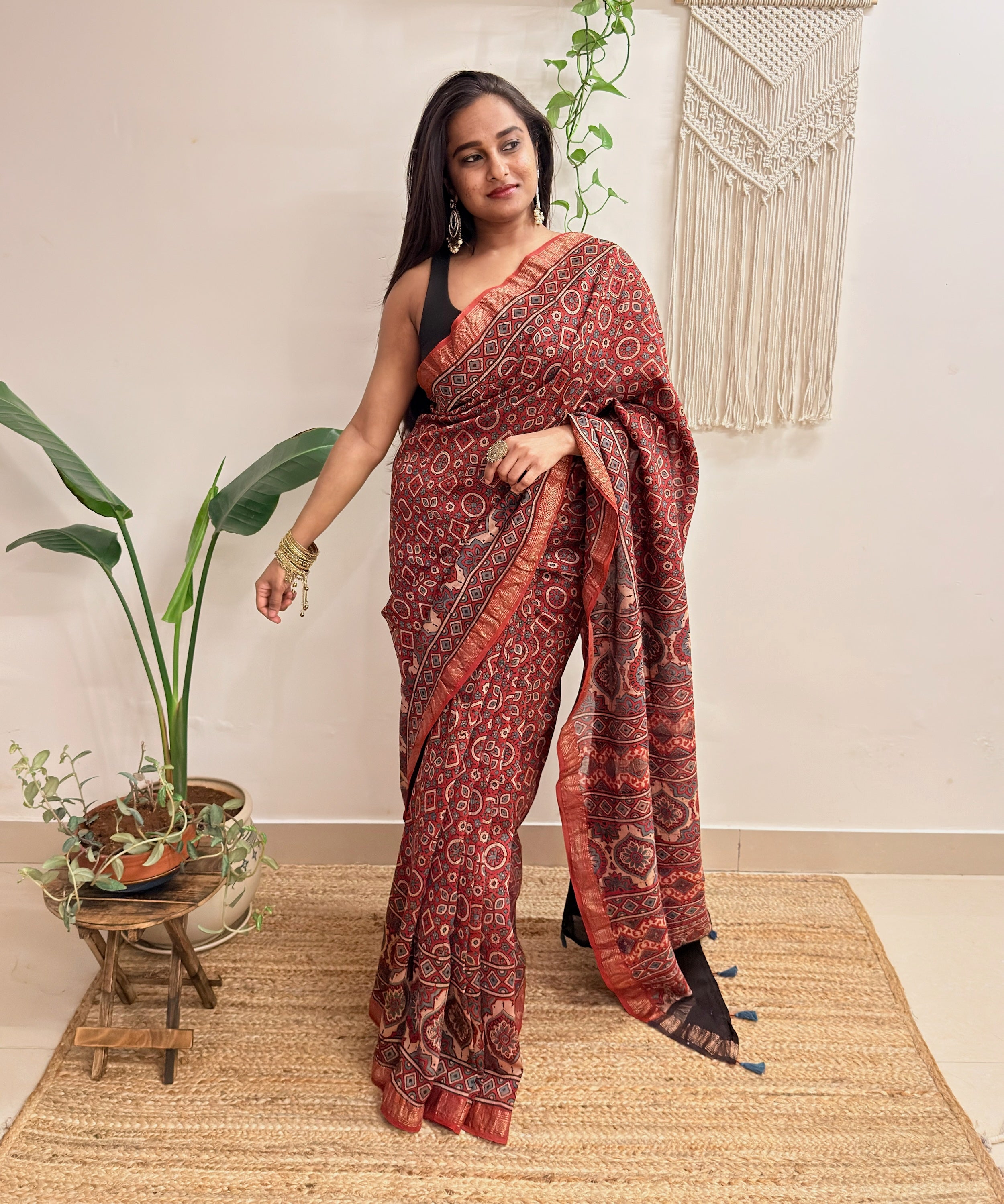 Autumn: Brick Red Ajrakh Handblock Printed Maheshwari Saree with Zari Border