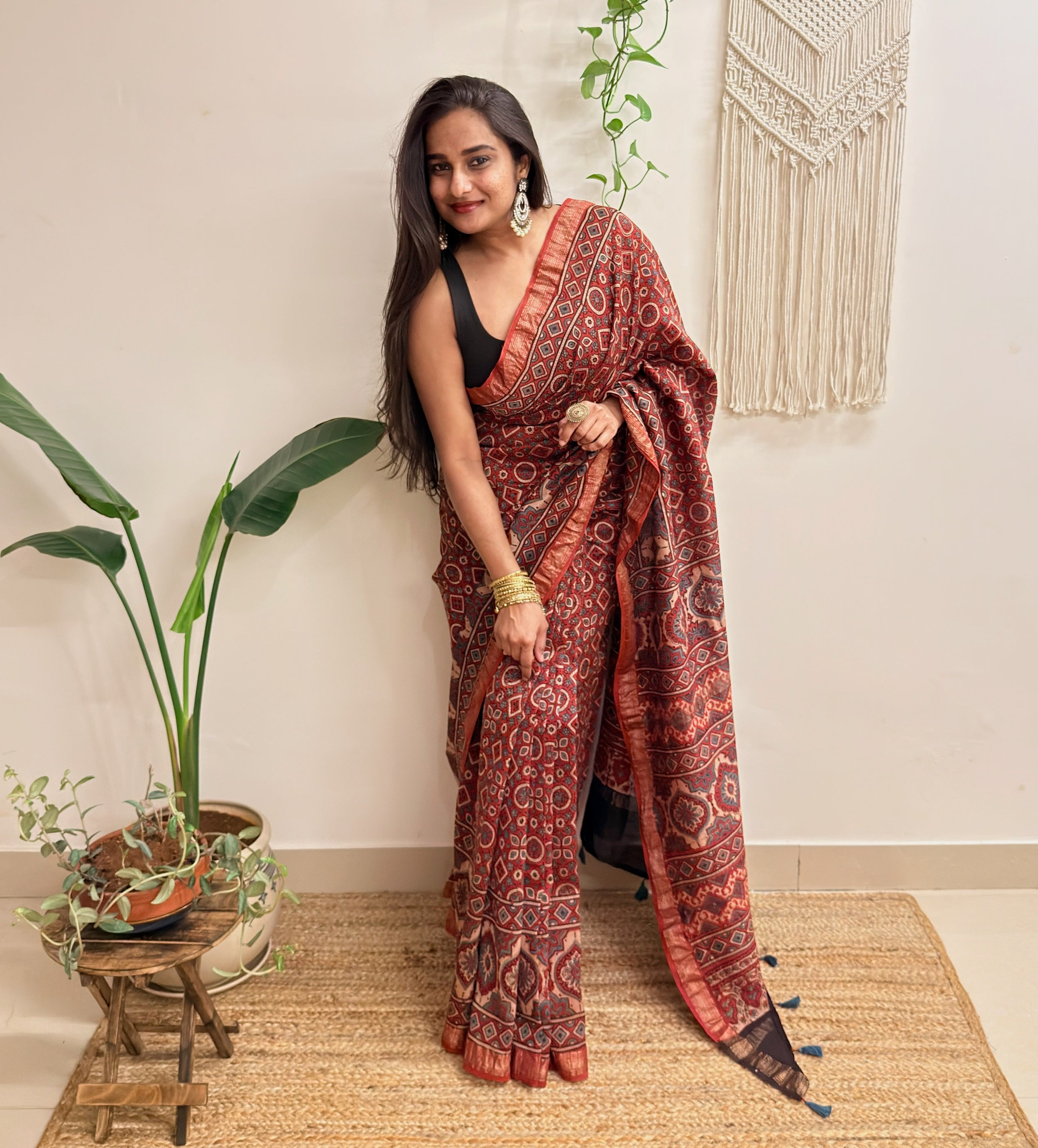 Autumn: Brick Red Ajrakh Handblock Printed Maheshwari Saree with Zari Border