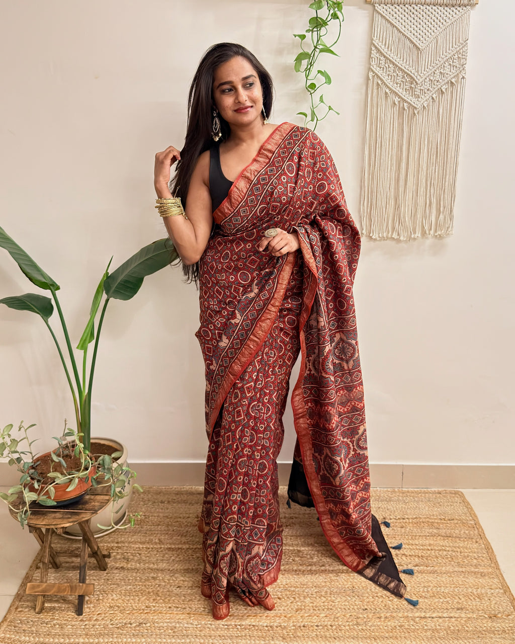 Autumn: Brick Red Ajrakh Handblock Printed Maheshwari Saree with Zari Border