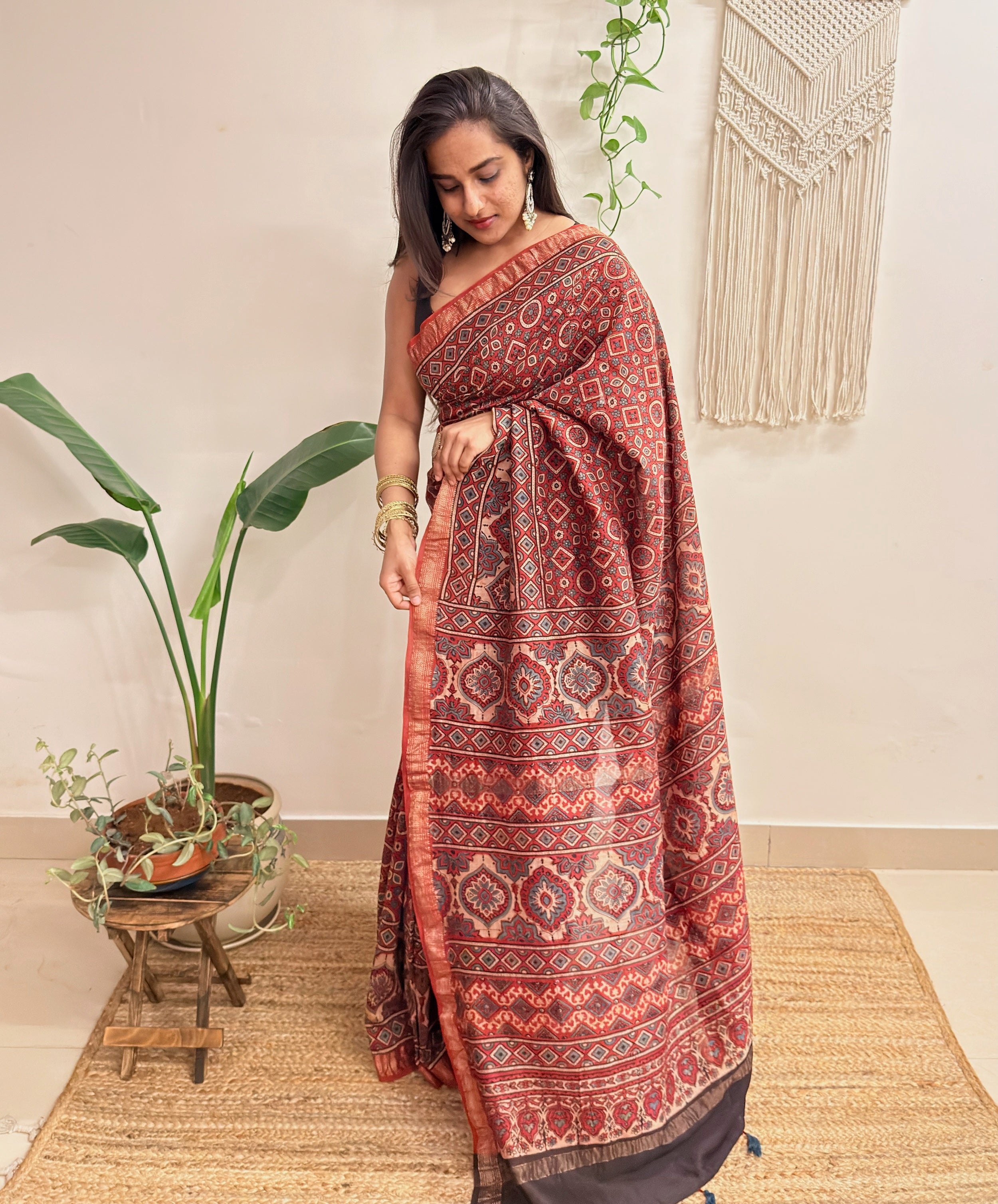 Autumn: Brick Red Ajrakh Handblock Printed Maheshwari Saree with Zari Border