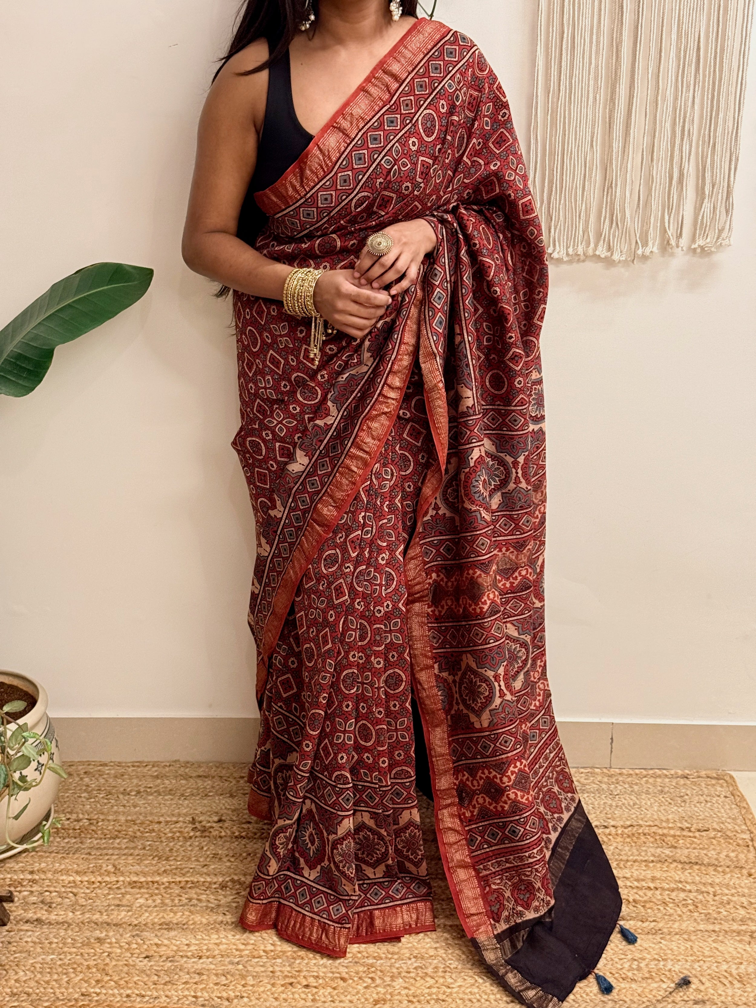Autumn: Brick Red Ajrakh Handblock Printed Maheshwari Saree with Zari Border
