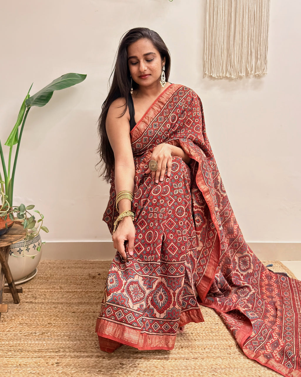 Autumn: Brick Red Ajrakh Handblock Printed Maheshwari Saree with Zari Border