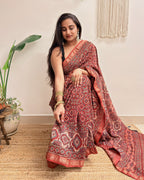 Autumn: Brick Red Ajrakh Handblock Printed Maheshwari Saree with Zari Border
