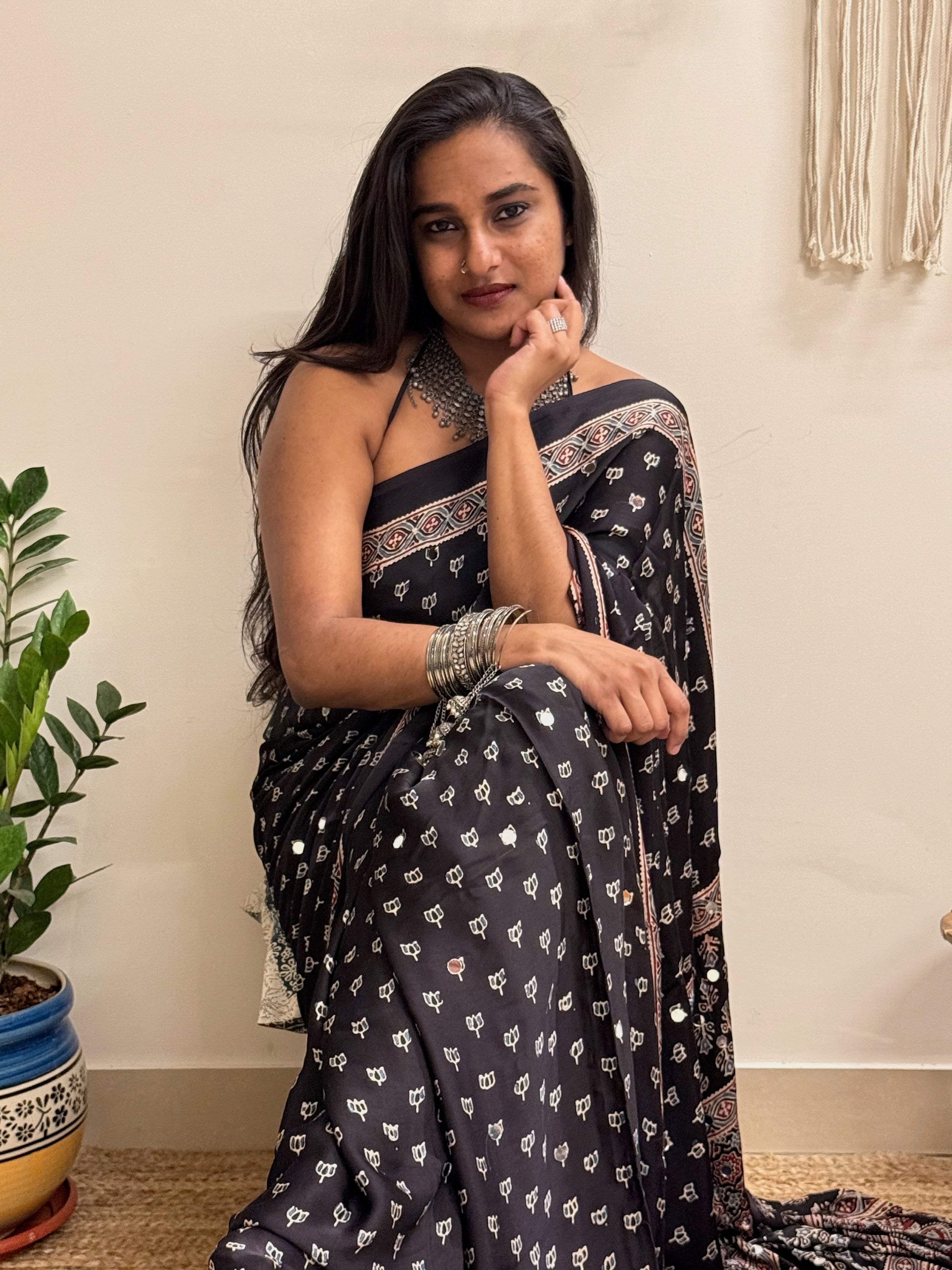 Natkhat: Black Lotus Ajrakh Handblock Printed Modal Saree with Mirror Work