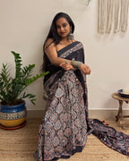 Mastani: Black Ajrakh Handblock Printed Modal Saree with Mirror Work