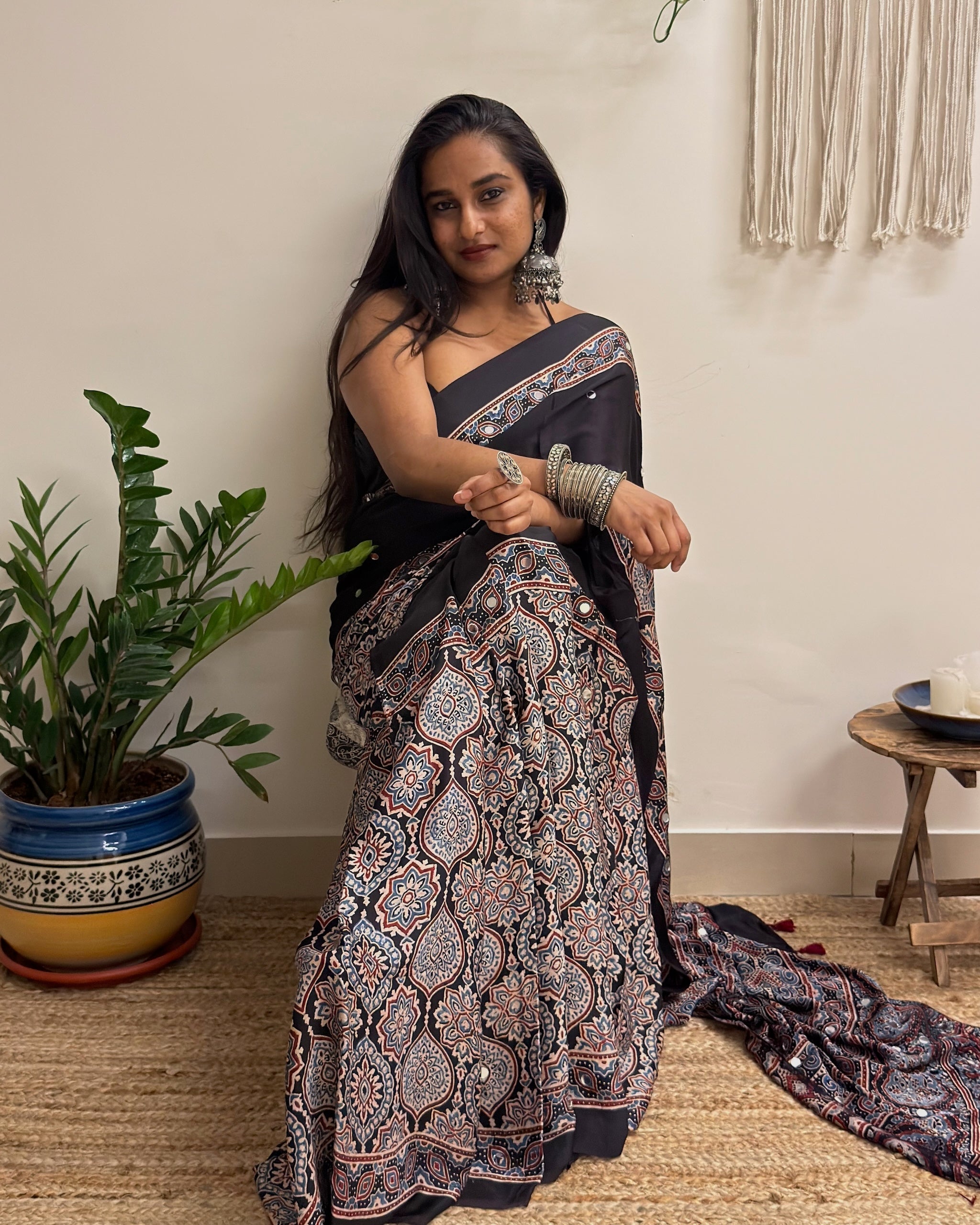 Mastani: Black Ajrakh Handblock Printed Modal Saree with Mirror Work