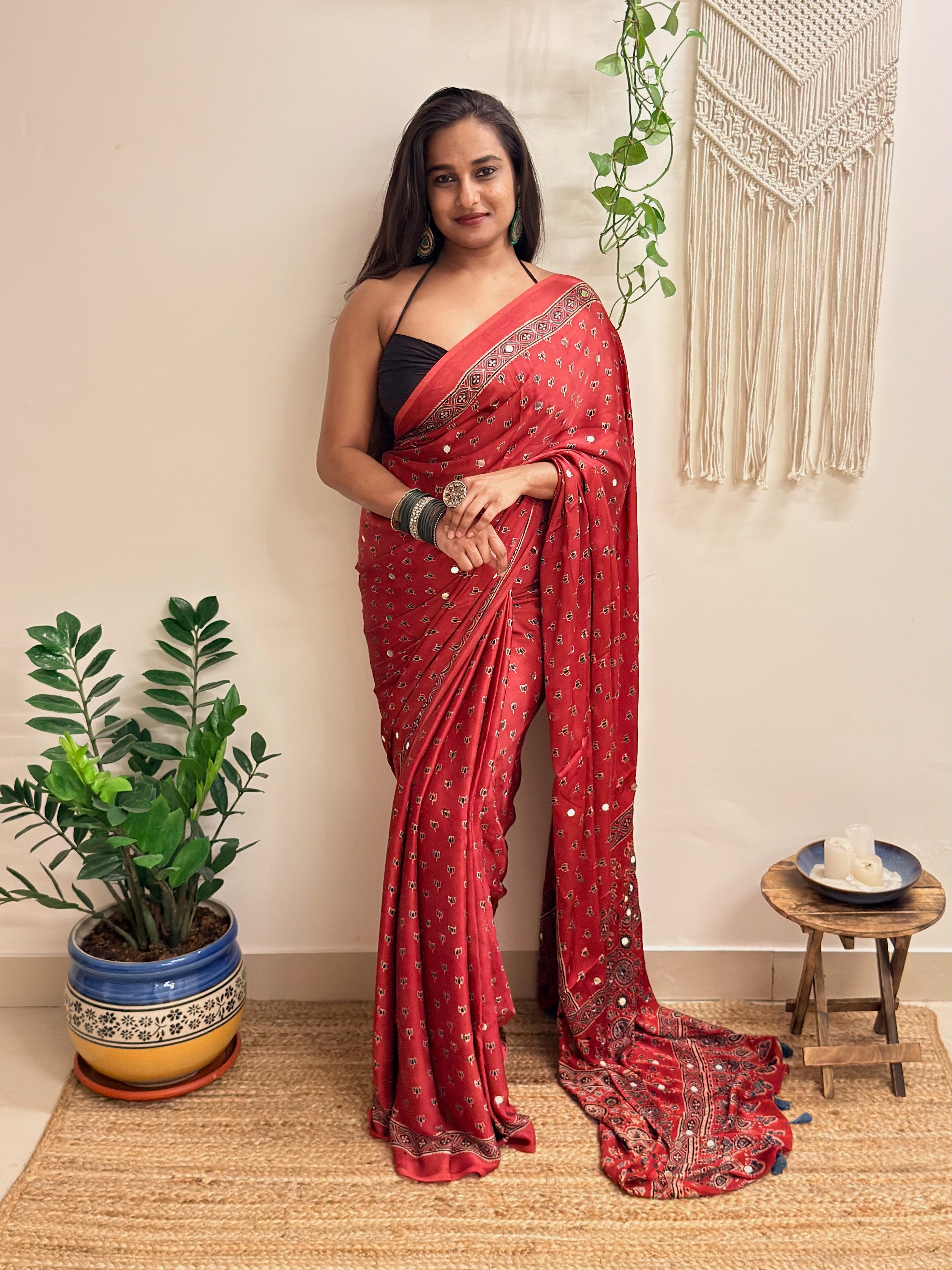 Bijli: Red Lotus Ajrakh Handblock Printed Modal Saree with Mirror Work