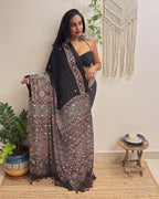 Mastani: Black Ajrakh Handblock Printed Modal Saree with Mirror Work