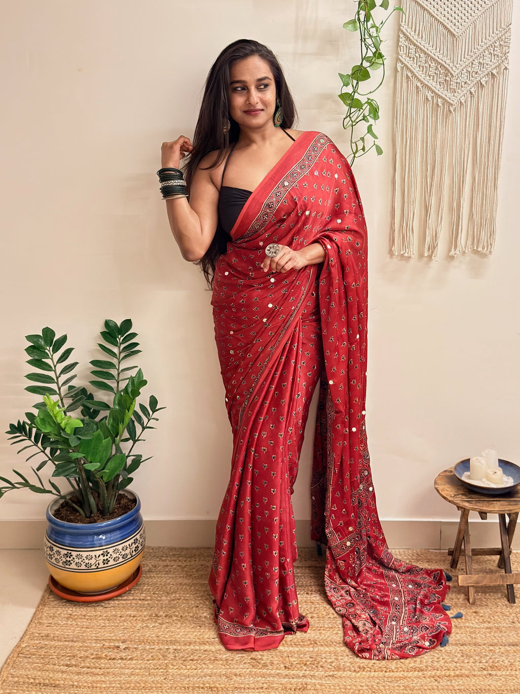 Bijli: Red Lotus Ajrakh Handblock Printed Modal Saree with Mirror Work